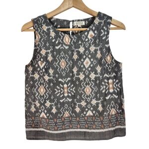 Novica Womens Gray Ikat Cotton Sleeveless Blouse Top Size S Round Neck Keyhole